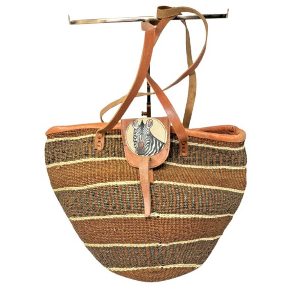 Natural Straw Woven Tote Handpainted Zebra Safari Leather Accents EUC - Picture 1 of 9